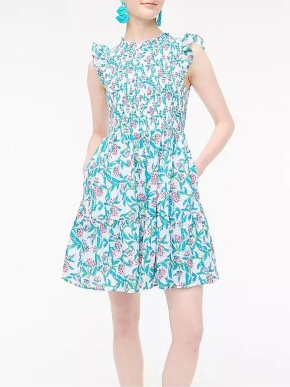J Crew Factory Women’s Pamela Floral Flutter-Sleeve Smocked Mini Dress Medium M